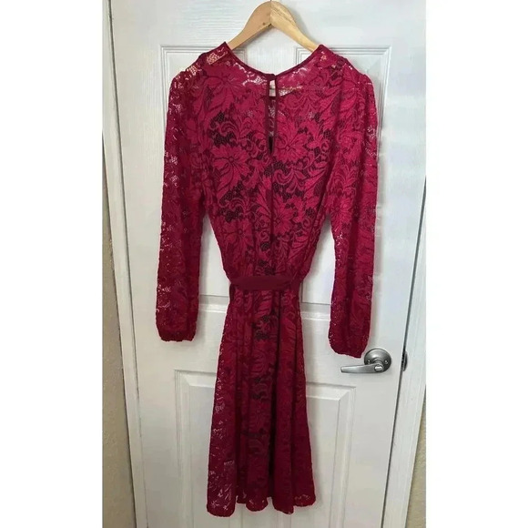 Nikki Poulos Magenta Pink Floral Lace & Blue Lining Size M Stretch Midi Dress - Picture 12 of 16